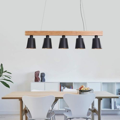 Suspension E27 Avec 5 Flammes Industrielle En Bois Et Métal Hauteur Réglable Noir