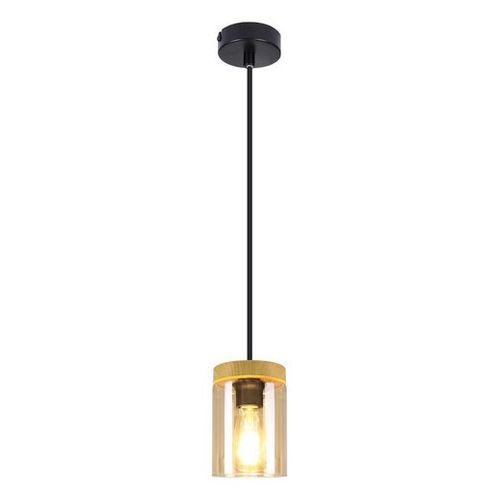 Suspension 1 Flamme Bois Vintage Métal Noir Verre  E27