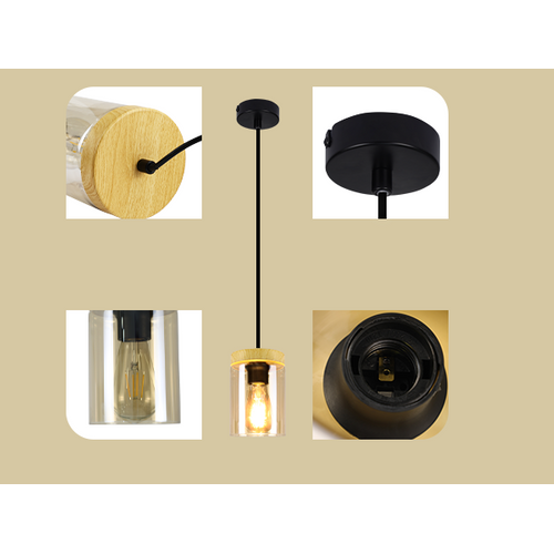 Suspension 1 Flamme Bois Vintage Métal Noir Verre  E27