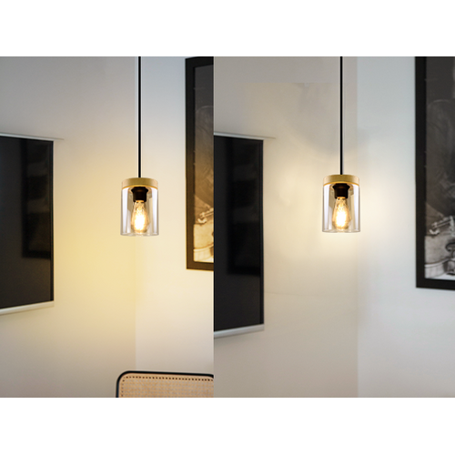 Suspension 1 Flamme Bois Vintage Métal Noir Verre  E27