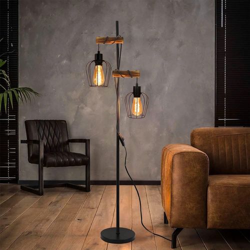 Lampadaire Vintage 2 Lumières Métal Bois Lampadaire Noir E27 151 Cm lampadaire salon