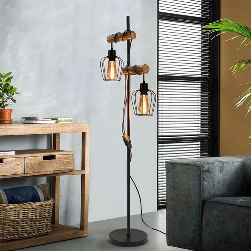 Lampadaire Vintage 2 Lumières Métal Bois Lampadaire Noir E27 151 Cm lampadaire salon