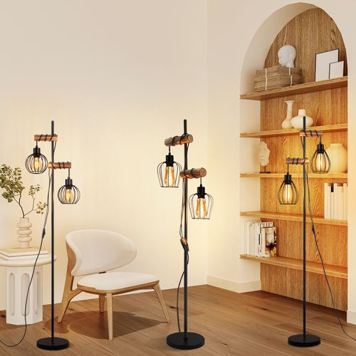 Lampadaire Vintage 2 Lumières Métal Bois Lampadaire Noir E27 151 Cm lampadaire salon