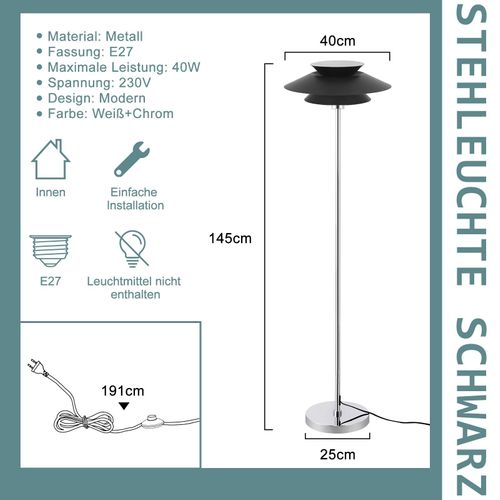Lampadaire Noir  Moderne E27 1 Flamme Vintage Métal Design Hauteur 145cm Max 40w