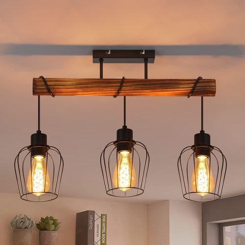 Plafonnier Rétro Vintage 3 Flammes Bois Réglables Hauteur Métal Noir E27