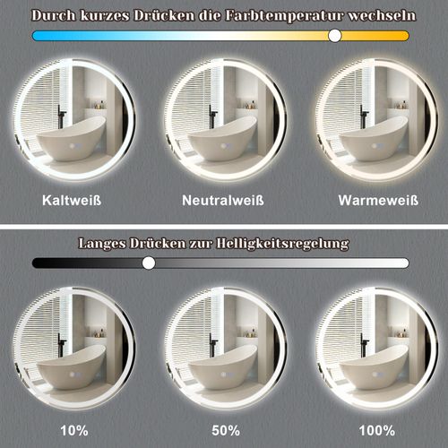 Miroir Lumineux Salle De Bain Rond 50 Cm LED, Mural Interrupteur Tactile Ip44 Réglable 3000k-6500k