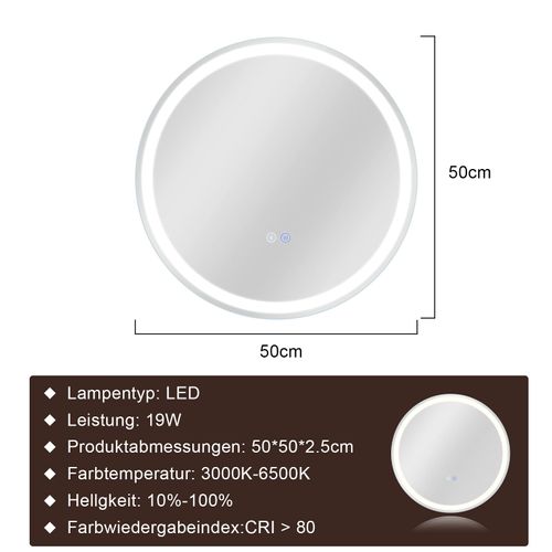 Miroir Lumineux Salle De Bain Rond 50 Cm LED, Mural Interrupteur Tactile Ip44 Réglable 3000k-6500k