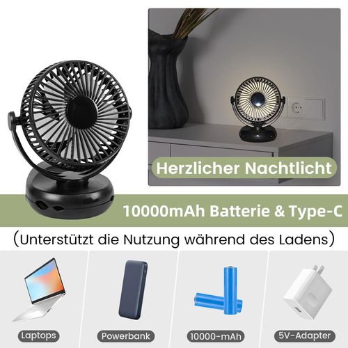 Ventilateur Petit De Table USB Avec Batterie 10 000 Mah Modèle 3-en-1 Noir