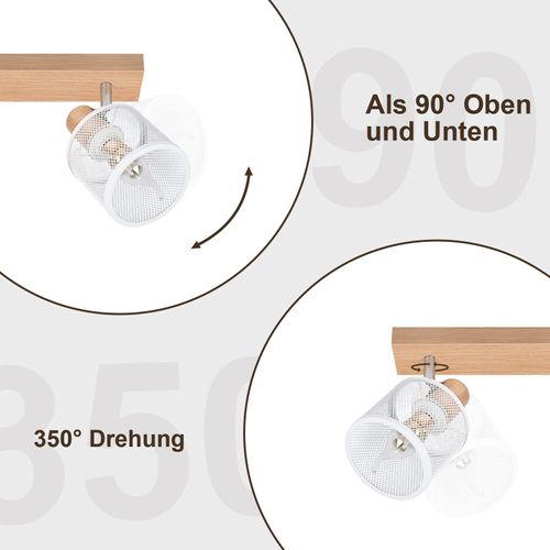 Plafonnier 2 Spots Blanc Aspect Bois Plafonnier E14 Orientable 350° 4 Ampoules Max 25w