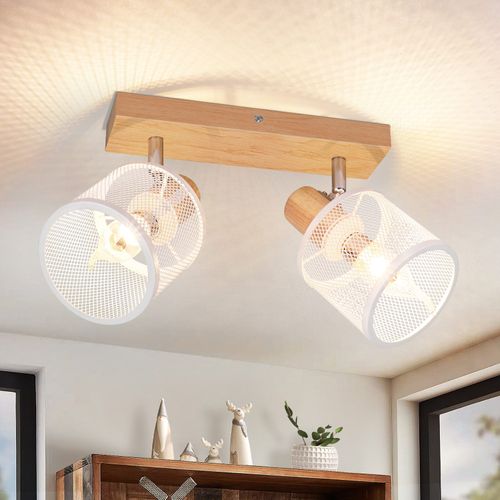Plafonnier 2 Spots Blanc Aspect Bois Plafonnier E14 Orientable 350° 4 Ampoules Max 25w