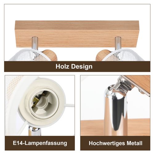 Plafonnier 2 Spots Blanc Aspect Bois Plafonnier E14 Orientable 350° 4 Ampoules Max 25w