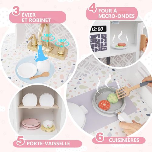 ROBUD Ensemble de cuisine en bois pour enfants - Grande cuisine de jeu moderne en blanc avec réfrigérateur, machine à café, machine à glace, etc. - Pour enfants à partir de 3
