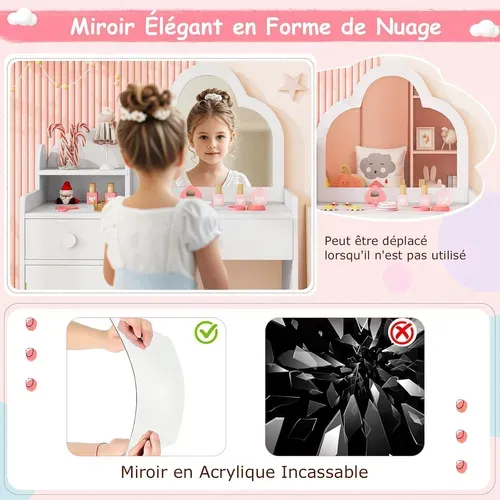 2 En 1 Bureau Enfant Fille Avec Chaise Et Miroir En Forme Nuage, Charge 50kg