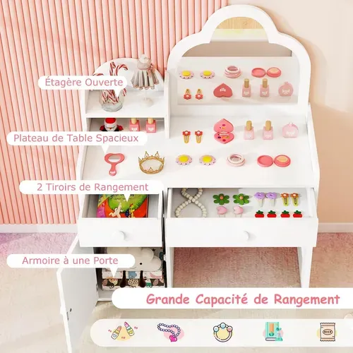 2 En 1 Bureau Enfant Fille Avec Chaise Et Miroir En Forme Nuage, Charge 50kg