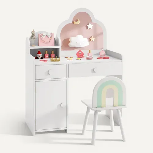 2 En 1 Bureau Enfant Fille Avec Chaise Et Miroir En Forme Nuage, Charge 50kg
