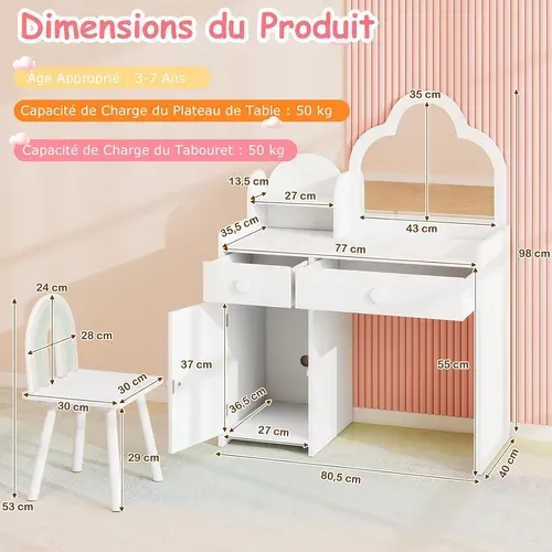 2 En 1 Bureau Enfant Fille Avec Chaise Et Miroir En Forme Nuage, Charge 50kg