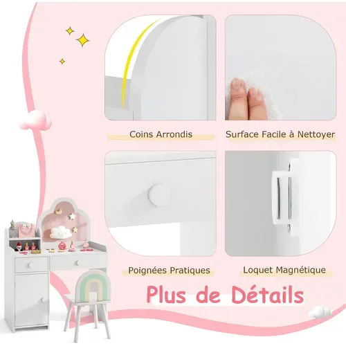 2 En 1 Bureau Enfant Fille Avec Chaise Et Miroir En Forme Nuage, Charge 50kg