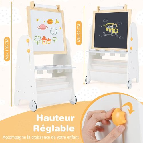 COSTWAY – Tableau Enfant 4 En 1 En Bois – Tableau Noir + Magnétique + Chevalet + Rouleau Papier – Hauteur Réglable 92-105 Cm – Chaise Et Rangements – Dès 3 Ans