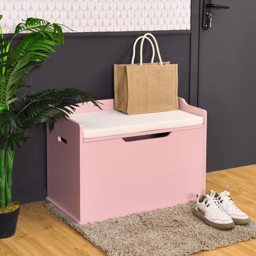 Coffre à Jouets En Bois Enfant Avec Coussin Et Couvercle Rabattable, 74 X 39 X 52 Cm,rose