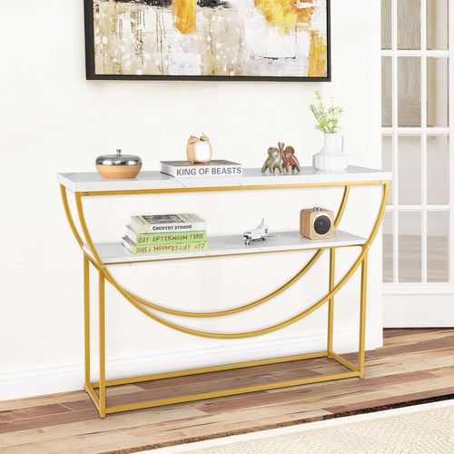 Table Console D'entrée Design Moderne - Effet Marbre Et Cadre Géométrique, Neuve