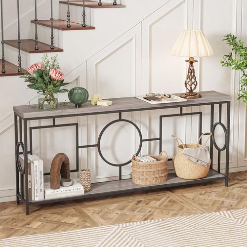Table Console Industriel 180 Cm, Console Meuble 2 Étagères, 180 X 30 X 80 Cm (noir)