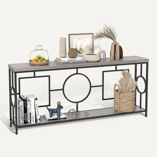 Table Console Industriel 180 Cm, Console Meuble 2 Étagères, 180 X 30 X 80 Cm (noir)