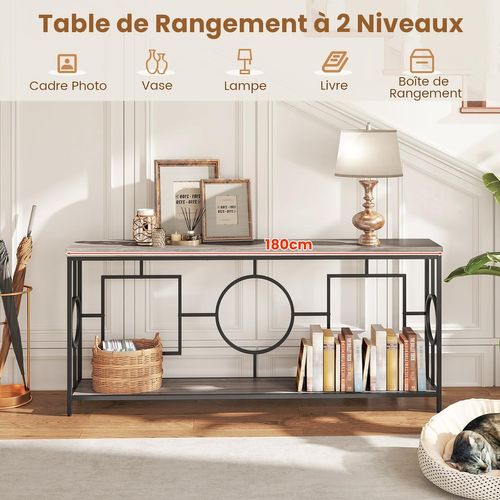 Table Console Industriel 180 Cm, Console Meuble 2 Étagères, 180 X 30 X 80 Cm (noir)