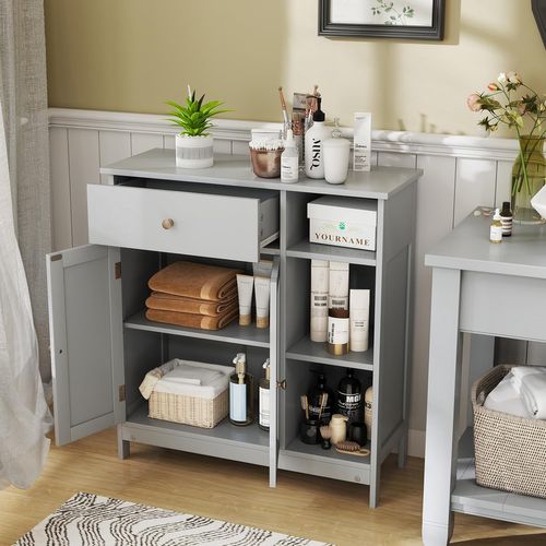 COSTWAY Armoire Salle De Bain 2 Portes + Tiroir – Meuble Rangement Gris 30×75×80 Cm, Étagères Réglables, Anti-Basculement