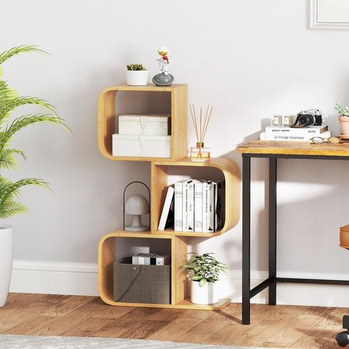 Bibliothèque En Forme De 's' à 3 Niveaux, Etagère En Bambou Avec 3 Cubes Ouverts, Naturel