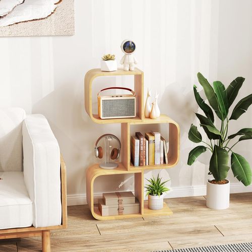 Bibliothèque En Forme De 's' à 3 Niveaux, Etagère En Bambou Avec 3 Cubes Ouverts, Naturel