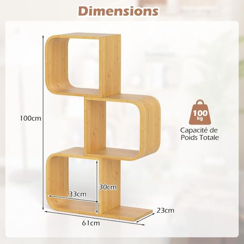 Bibliothèque En Forme De 's' à 3 Niveaux, Etagère En Bambou Avec 3 Cubes Ouverts, Naturel