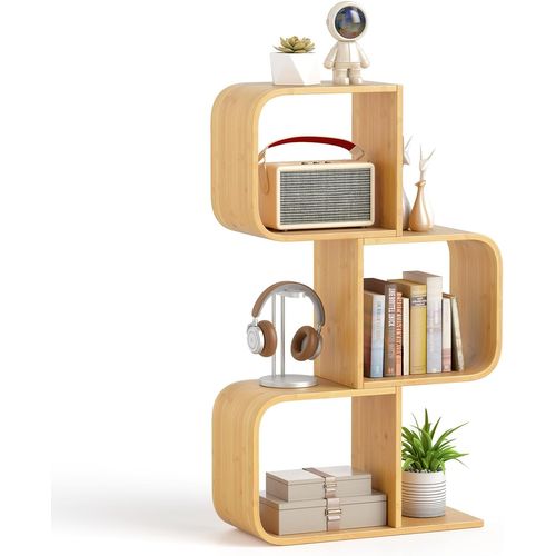 Bibliothèque En Forme De 's' à 3 Niveaux, Etagère En Bambou Avec 3 Cubes Ouverts, Naturel