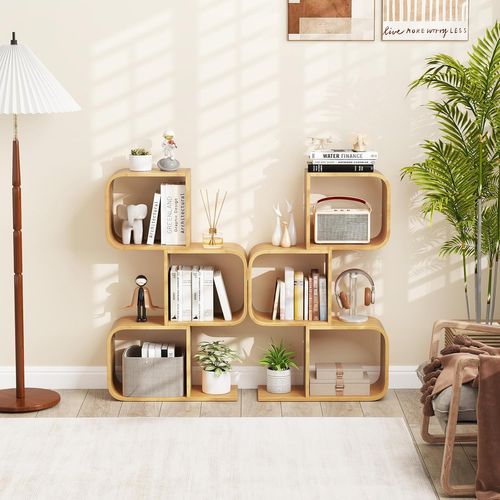 Bibliothèque En Forme De 's' à 3 Niveaux, Etagère En Bambou Avec 3 Cubes Ouverts, Naturel