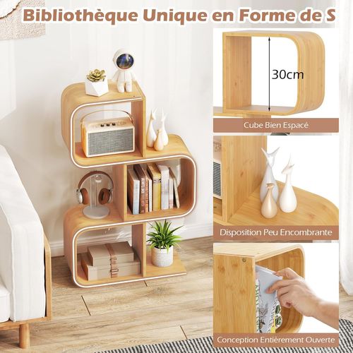 Bibliothèque En Forme De 's' à 3 Niveaux, Etagère En Bambou Avec 3 Cubes Ouverts, Naturel