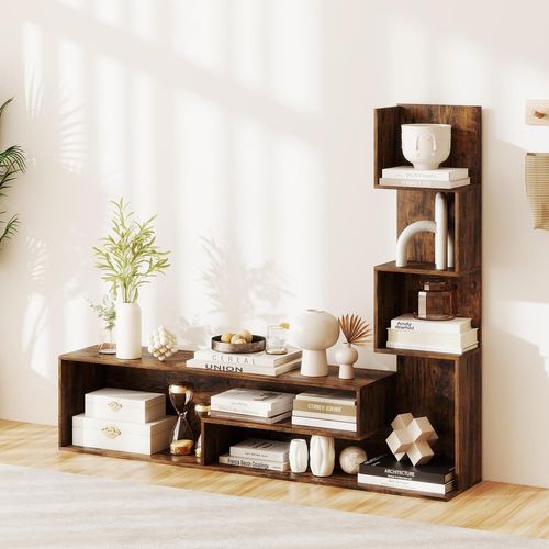 Meuble TV Cubique, Bibliothèque En L Pour Télé 50", 7 Étagères Ouvertes (marron Rustique)