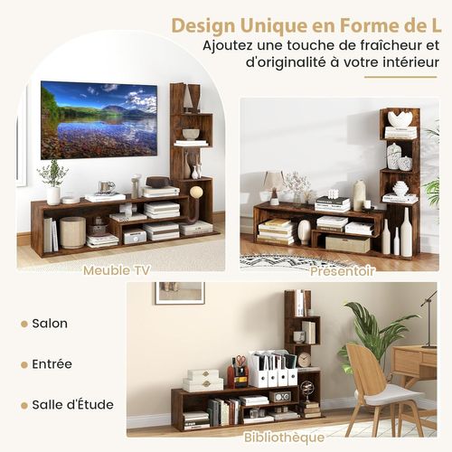 Meuble TV Cubique, Bibliothèque En L Pour Télé 50", 7 Étagères Ouvertes (marron Rustique)
