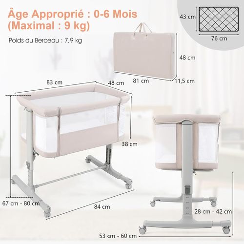 3 En 1 Lit Cododo Bébé Avec Matelas Et 5 Hauteur Réglable, Lit Bébé Evolutif, 84x48x80cm (beige)