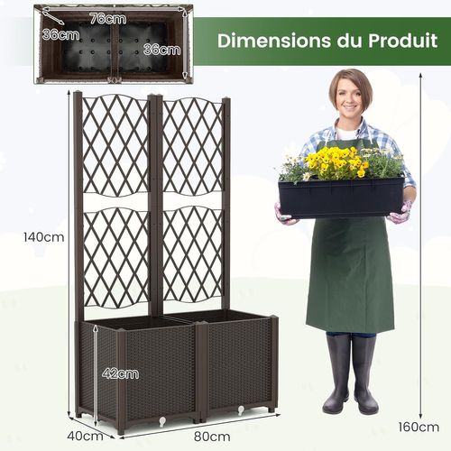 Jardinière Avec Treillis Sur Pied, Double Bac De Plantation Auto-arrosage, Café, 80 X 40 X 140 Cm