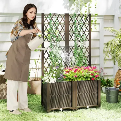 Jardinière Avec Treillis Sur Pied, Double Bac De Plantation Auto-arrosage, Café, 80 X 40 X 140 Cm