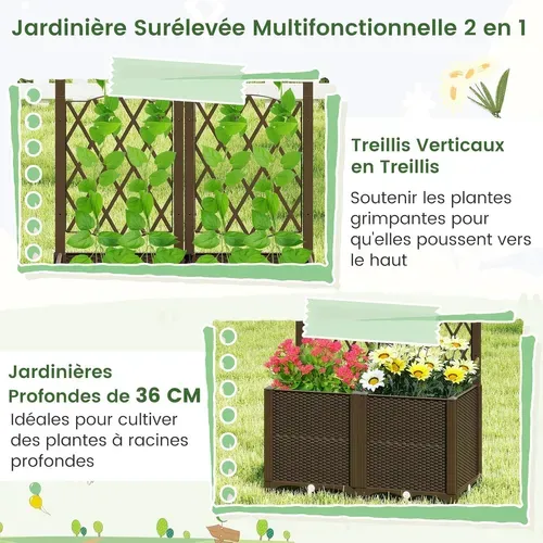 Jardinière Avec Treillis Sur Pied, Double Bac De Plantation Auto-arrosage, Café, 80 X 40 X 140 Cm
