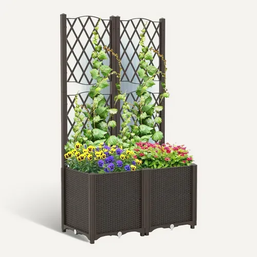 Jardinière Avec Treillis Sur Pied, Double Bac De Plantation Auto-arrosage, Café, 80 X 40 X 140 Cm