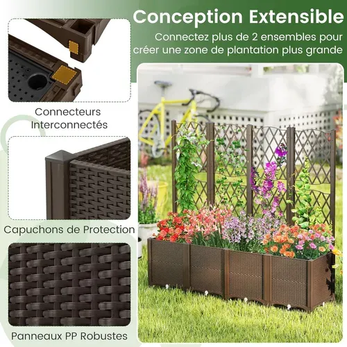 Jardinière Avec Treillis Sur Pied, Double Bac De Plantation Auto-arrosage, Café, 80 X 40 X 140 Cm