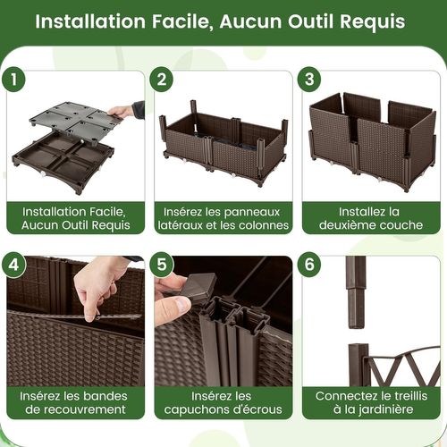Jardinière Avec Treillis Sur Pied, Double Bac De Plantation Auto-arrosage, Café, 80 X 40 X 140 Cm