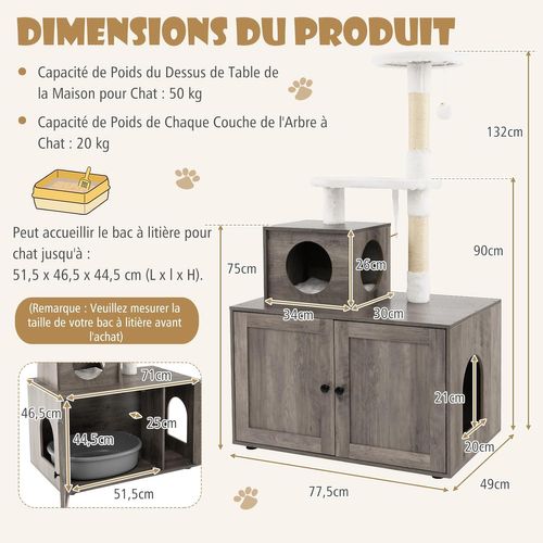 Arbre à Chat Litiere Intégrée, Tour Pour Chats Avec Cache-litiere, 2 Plateformes (132 Cm,ivoire)
