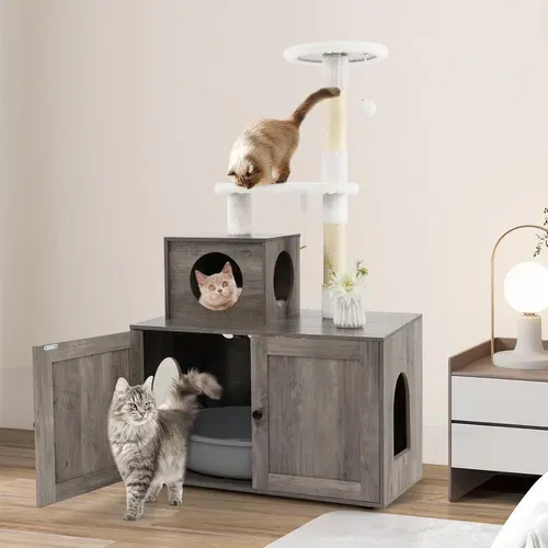 Arbre à Chat Litiere Intégrée, Tour Pour Chats Avec Cache-litiere, 2 Plateformes (132 Cm,ivoire)