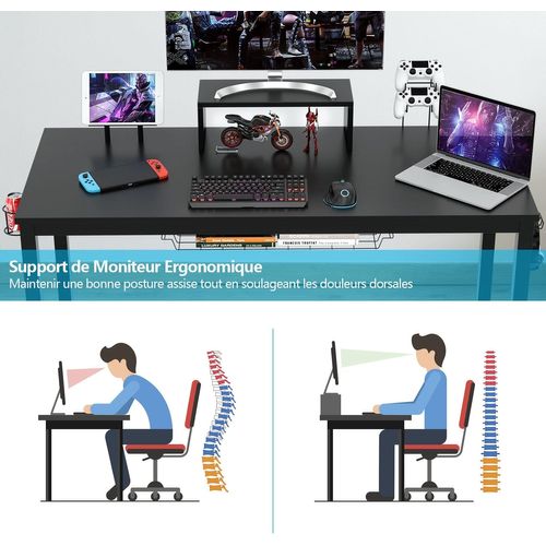 Bureau Ordinateur, Bureau Gaming, Gamer Table Avec Etagère Pour Ecran, 140 X 60 X 74 Cm