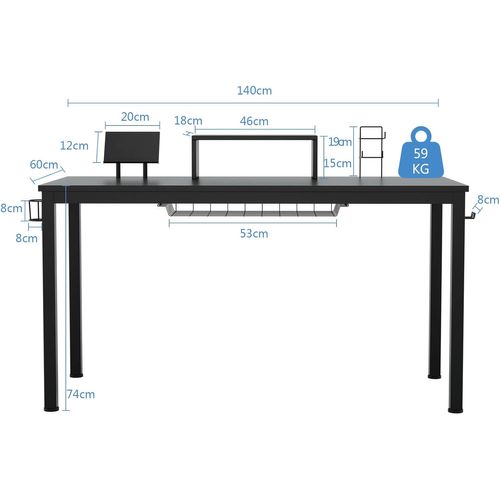 Bureau Ordinateur, Bureau Gaming, Gamer Table Avec Etagère Pour Ecran, 140 X 60 X 74 Cm