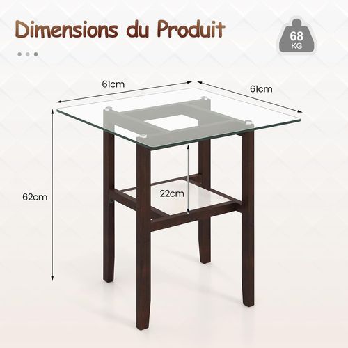 Table D’appoint En Bois Et Verre, Bout De Canapé Carrée, 61 X 61 Cm, Cadre En Bois D'hévéa