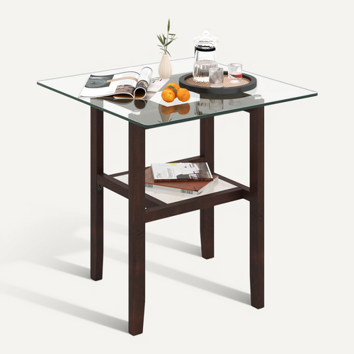 Table D’appoint En Bois Et Verre, Bout De Canapé Carrée, 61 X 61 Cm, Cadre En Bois D'hévéa