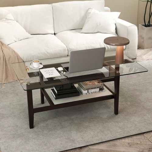 Table Basse Verre Trempé 2 Niveaux, Rectangulaire, Pieds En Bois D'hévéa, 107 X 60 X 42 Cm